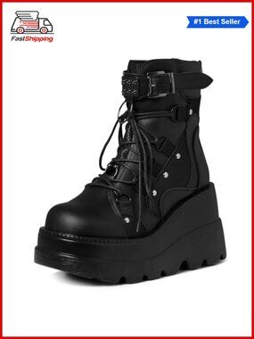 ✨Goth Platform Ankle Boots Chunky Wedge Heel Rave Booties Vegan PU Leather Lace